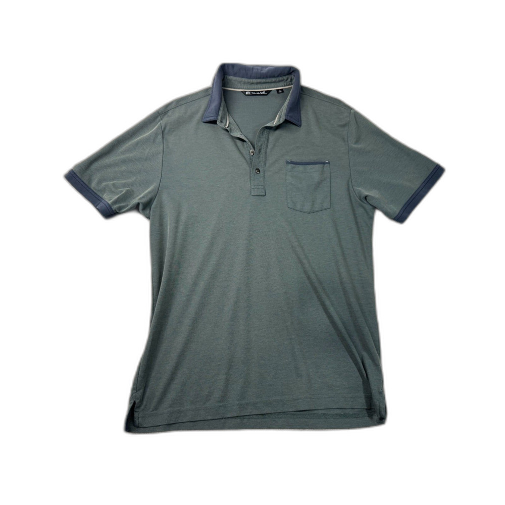 TravisMathew Men’s Short Sleeve Polo Shirt - Size L - Green / Slate Blue Trim